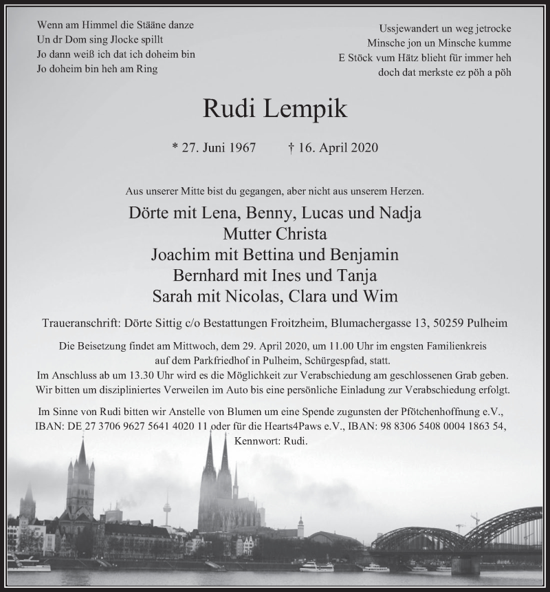  Traueranzeige für Rudi Lempik vom 24.04.2020 aus  Wochenende 