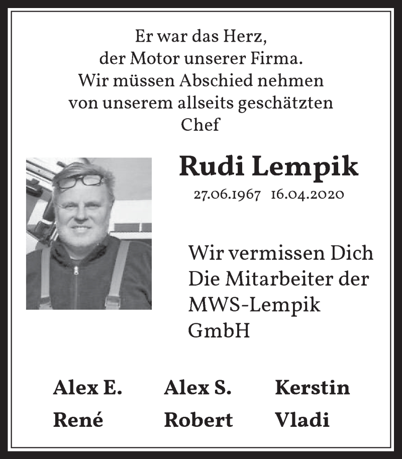  Traueranzeige für Rudi Lempik vom 30.04.2020 aus  Wochenende 