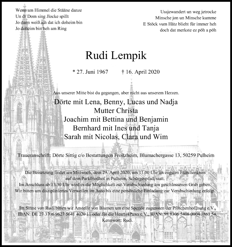  Traueranzeige für Rudi Lempik vom 25.04.2020 aus Kölner Stadt-Anzeiger / Kölnische Rundschau / Express