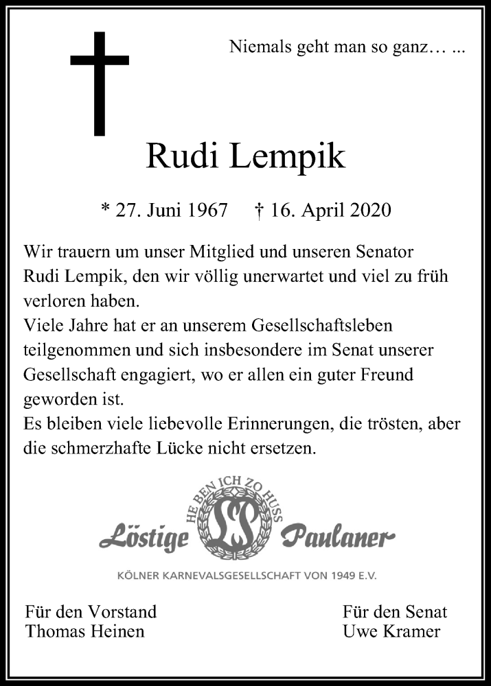  Traueranzeige für Rudi Lempik vom 25.04.2020 aus Kölner Stadt-Anzeiger / Kölnische Rundschau / Express