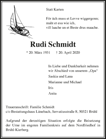 Anzeige von Rudi Schmidt von  Schlossbote/Werbekurier 