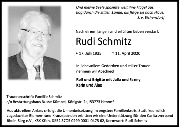 Anzeige von Rudi Schmitz von Kölner Stadt-Anzeiger / Kölnische Rundschau / Express