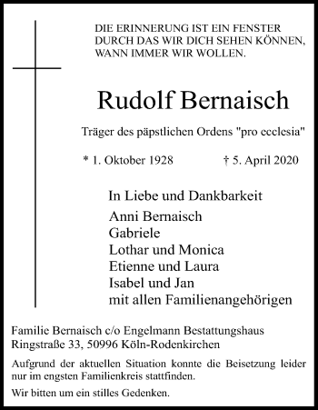 Anzeige von Rudolf Bernaisch von Kölner Stadt-Anzeiger / Kölnische Rundschau / Express