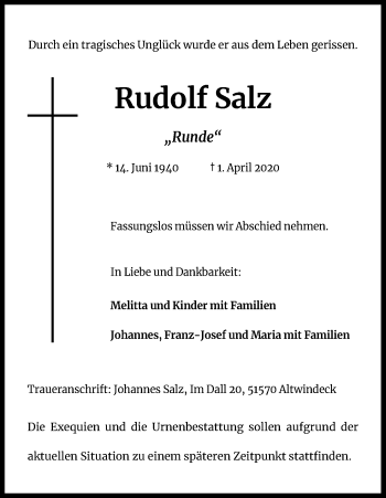 Anzeige von Rudolf Salz von Kölner Stadt-Anzeiger / Kölnische Rundschau / Express