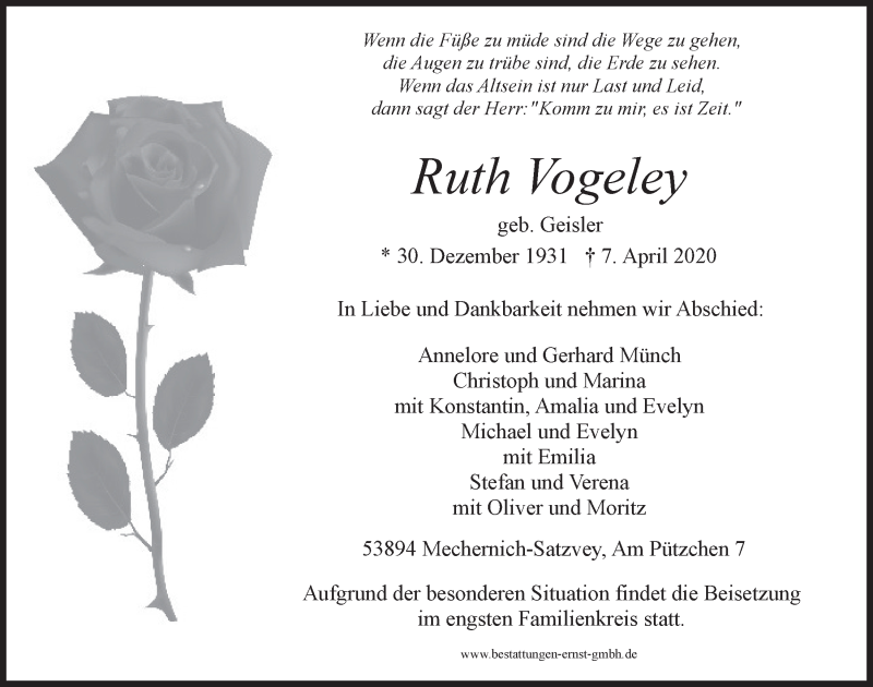  Traueranzeige für Ruth Vogeley vom 11.04.2020 aus  Blickpunkt Euskirchen 