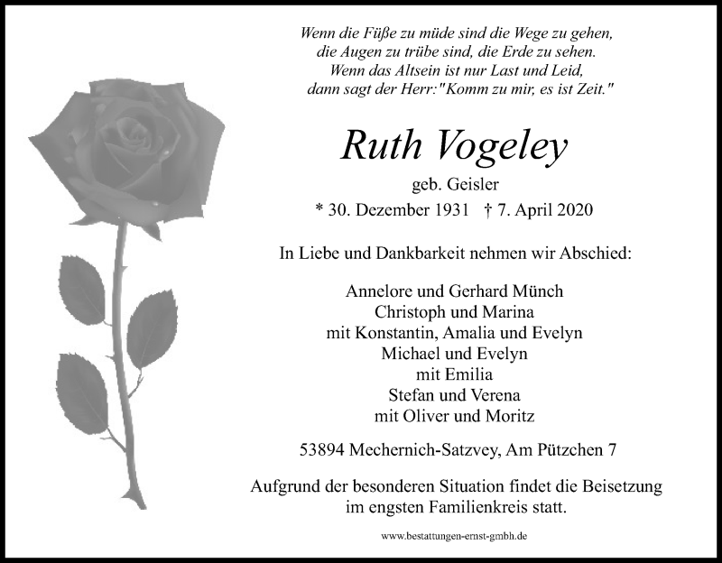  Traueranzeige für Ruth Vogeley vom 11.04.2020 aus Kölner Stadt-Anzeiger / Kölnische Rundschau / Express