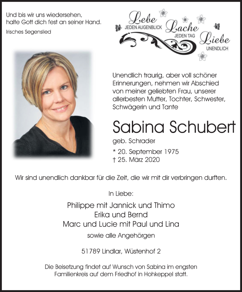  Traueranzeige für Sabina Schubert vom 04.04.2020 aus Kölner Stadt-Anzeiger / Kölnische Rundschau / Express