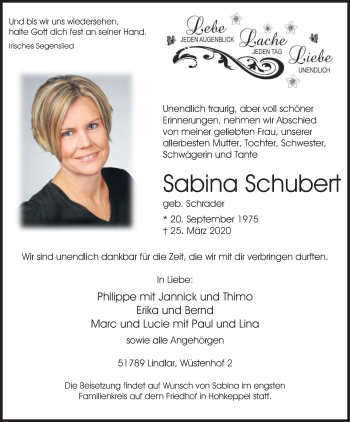 Anzeige von Sabina Schubert von Kölner Stadt-Anzeiger / Kölnische Rundschau / Express