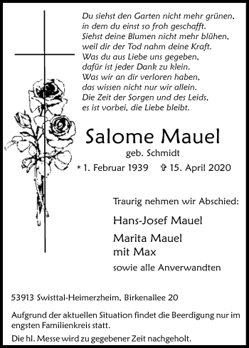 Anzeige von Salome Mauel von Kölner Stadt-Anzeiger / Kölnische Rundschau / Express
