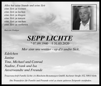 Anzeige von Sepp Lichte von Kölner Stadt-Anzeiger / Kölnische Rundschau / Express