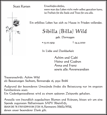 Anzeige von Sibilla Wild von  Kölner Wochenspiegel  Schlossbote/Werbekurier 