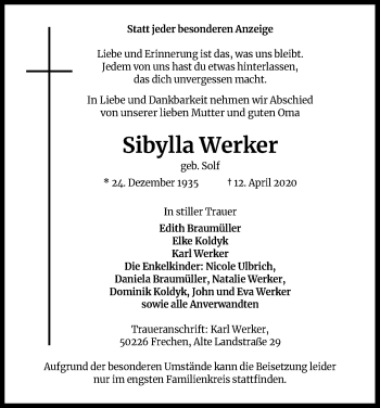 Anzeige von Sibylla Werker von Kölner Stadt-Anzeiger / Kölnische Rundschau / Express