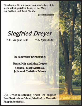 Anzeige von Siegfried Dreyer von Kölner Stadt-Anzeiger / Kölnische Rundschau / Express