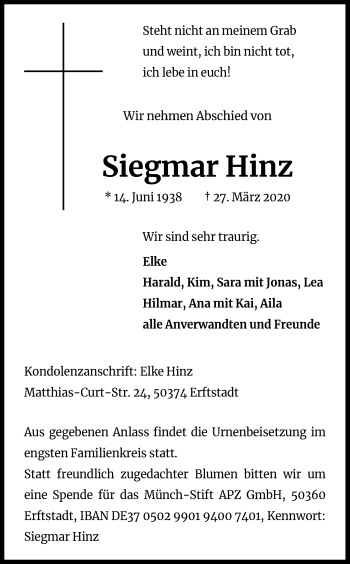 Anzeige von Siegmar Hinz von Kölner Stadt-Anzeiger / Kölnische Rundschau / Express