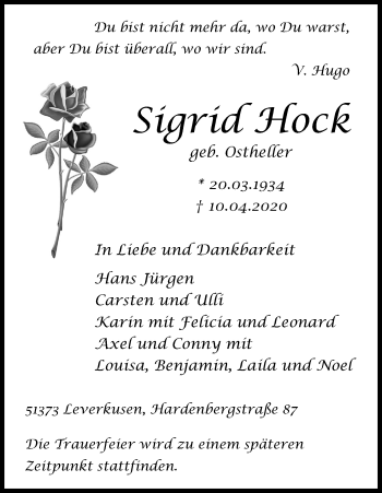 Anzeige von Sigrid Hock von Kölner Stadt-Anzeiger / Kölnische Rundschau / Express