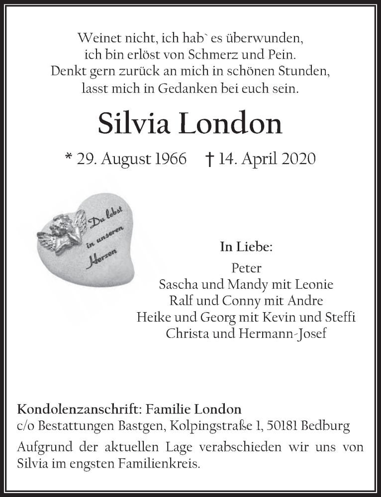  Traueranzeige für Silvia London vom 24.04.2020 aus  Werbepost 
