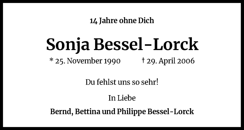  Traueranzeige für Sonja Bessel-Lorck vom 29.04.2020 aus Kölner Stadt-Anzeiger / Kölnische Rundschau / Express
