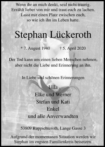 Anzeige von Stephan Lückeroth von Kölner Stadt-Anzeiger / Kölnische Rundschau / Express