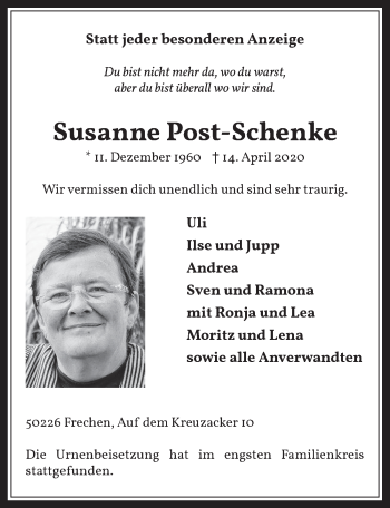 Anzeige von Susanne Post-Schenke von  Wochenende 