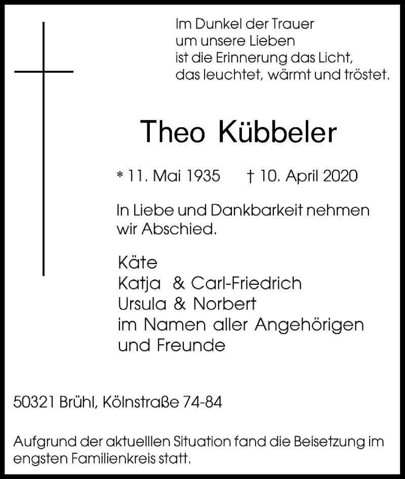  Traueranzeige für Theo Kübbeler vom 30.04.2020 aus Kölner Stadt-Anzeiger / Kölnische Rundschau / Express