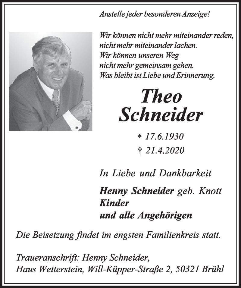  Traueranzeige für Theo Schneider vom 30.04.2020 aus  Schaufenster/Blickpunkt 