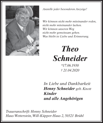 Anzeige von Theo Schneider von  Schlossbote/Werbekurier 