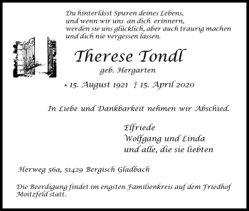 Anzeige von Therese Tondl von Kölner Stadt-Anzeiger / Kölnische Rundschau / Express