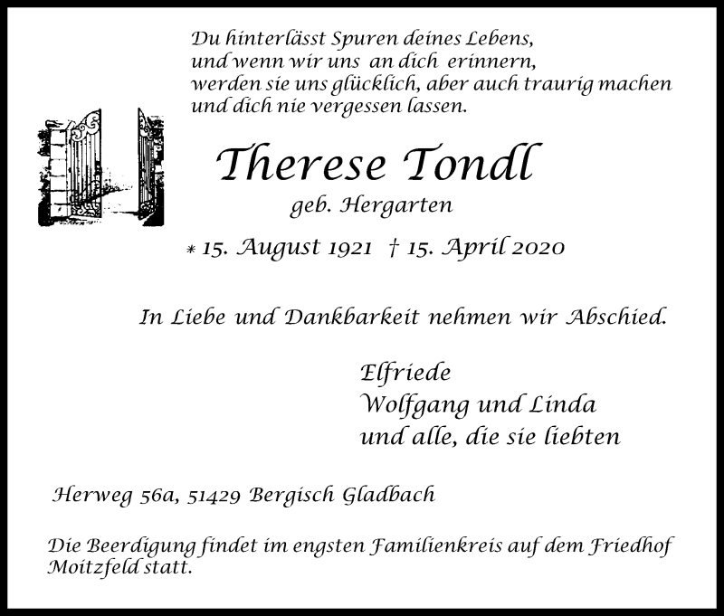  Traueranzeige für Therese Tondl vom 18.04.2020 aus Kölner Stadt-Anzeiger / Kölnische Rundschau / Express