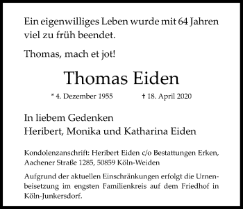Anzeige von Thomas Eiden von Kölner Stadt-Anzeiger / Kölnische Rundschau / Express