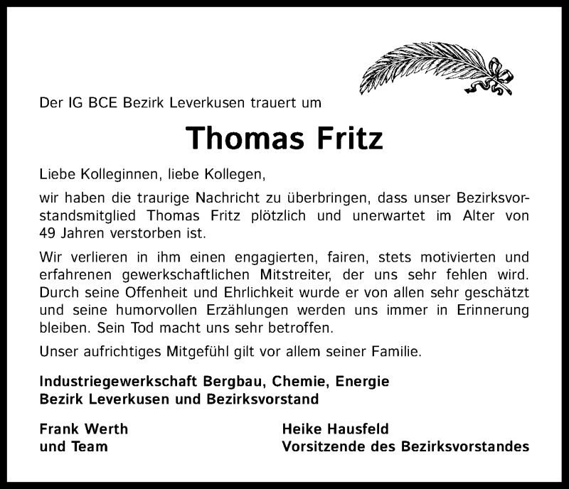  Traueranzeige für Thomas Fritz vom 04.04.2020 aus Kölner Stadt-Anzeiger / Kölnische Rundschau / Express