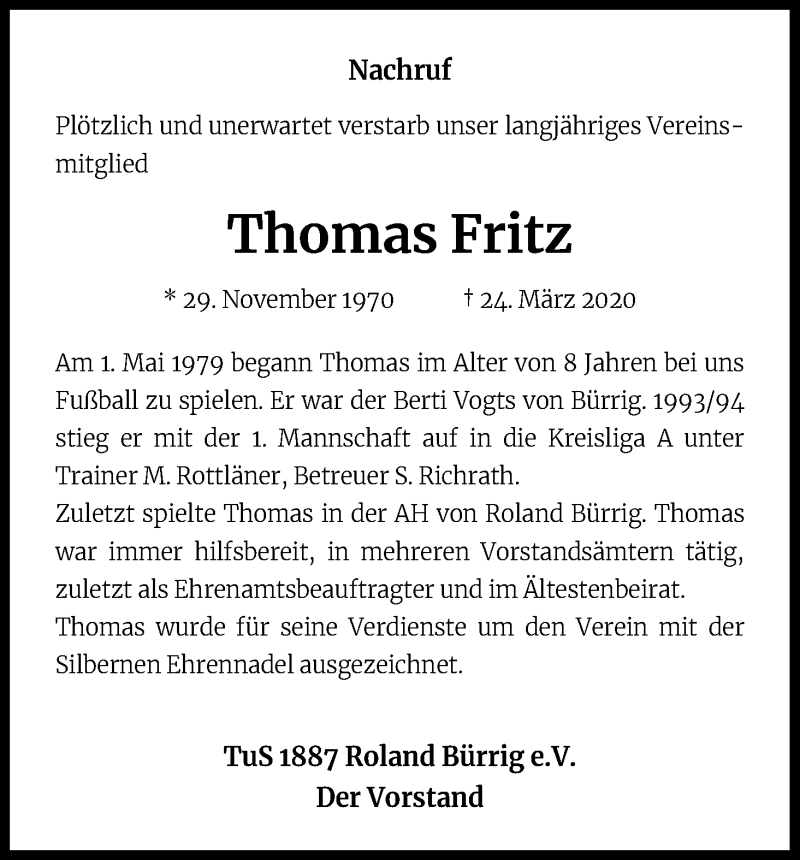  Traueranzeige für Thomas Fritz vom 11.04.2020 aus Kölner Stadt-Anzeiger / Kölnische Rundschau / Express