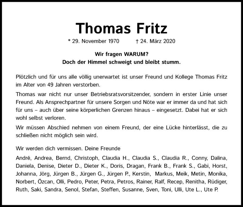  Traueranzeige für Thomas Fritz vom 02.04.2020 aus Kölner Stadt-Anzeiger / Kölnische Rundschau / Express