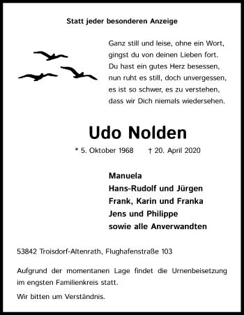 Anzeige von Udo Nolden von Kölner Stadt-Anzeiger / Kölnische Rundschau / Express