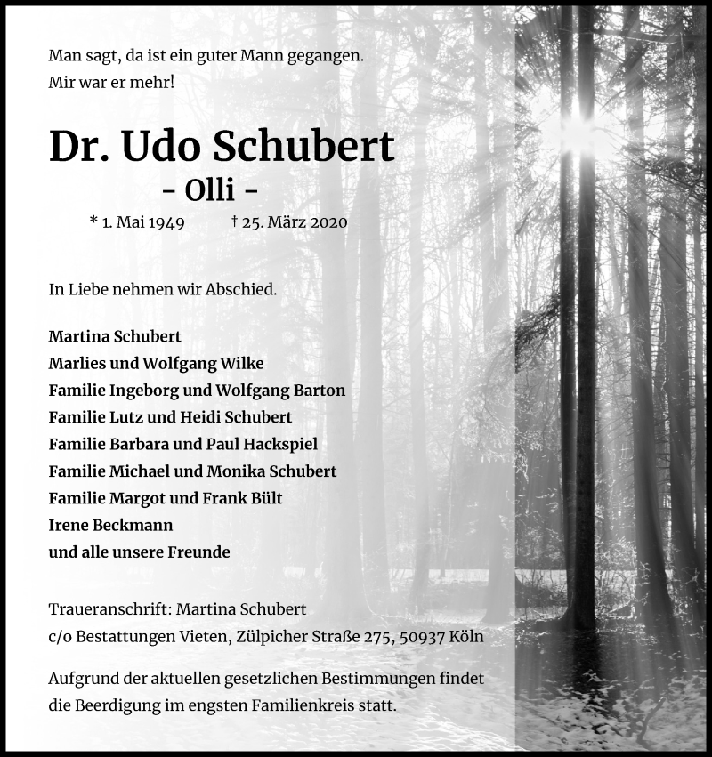  Traueranzeige für Udo Schubert vom 04.04.2020 aus Kölner Stadt-Anzeiger / Kölnische Rundschau / Express