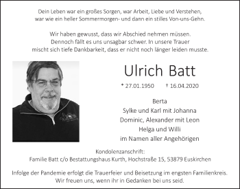Anzeige von Ulrich Batt von  Blickpunkt Euskirchen 