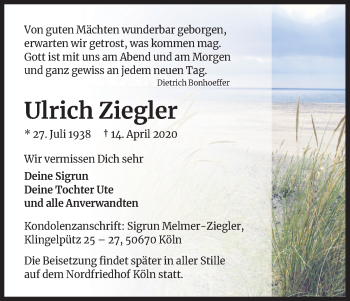 Anzeige von Ulrich Ziegler von Kölner Stadt-Anzeiger / Kölnische Rundschau / Express