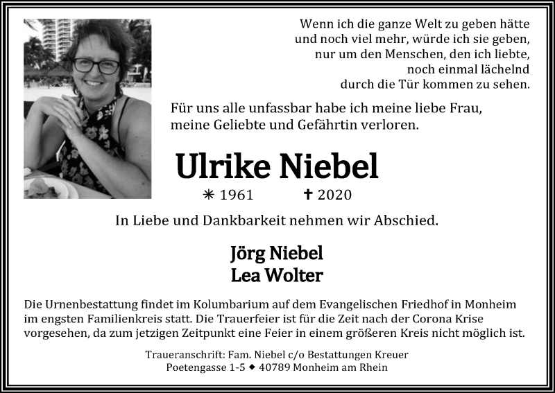  Traueranzeige für Ulrike Niebel vom 04.04.2020 aus Kölner Stadt-Anzeiger / Kölnische Rundschau / Express