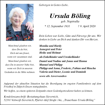 Anzeige von Ursula Böling von  Blickpunkt Euskirchen 