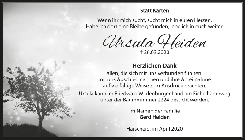 Traueranzeige für Ursula Heiden vom 30.04.2020 aus  Lokalanzeiger 