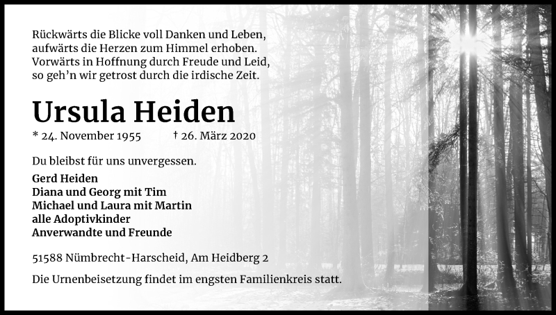  Traueranzeige für Ursula Heiden vom 04.04.2020 aus Kölner Stadt-Anzeiger / Kölnische Rundschau / Express