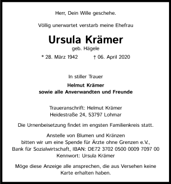 Anzeige von Ursula Krämer von Kölner Stadt-Anzeiger / Kölnische Rundschau / Express
