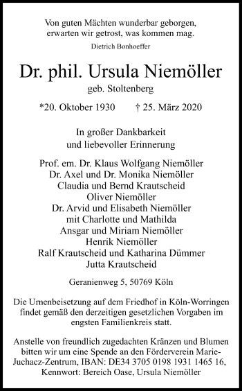 Anzeige von Ursula Niemöller von Kölner Stadt-Anzeiger / Kölnische Rundschau / Express