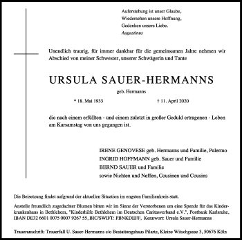 Anzeige von Ursula Sauer-Hermanns von Kölner Stadt-Anzeiger / Kölnische Rundschau / Express
