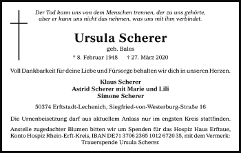 Anzeige von Ursula Scherer von Kölner Stadt-Anzeiger / Kölnische Rundschau / Express