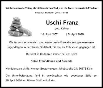 Anzeige von Uschi Franz von Kölner Stadt-Anzeiger / Kölnische Rundschau / Express
