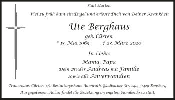 Anzeige von Ute Berghaus von  Bergisches Handelsblatt 