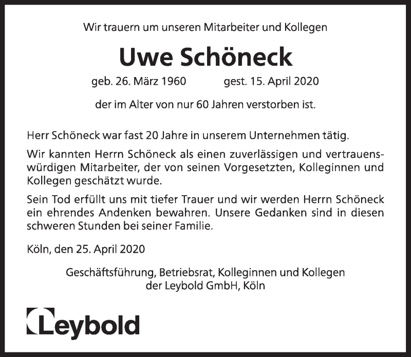  Traueranzeige für Uwe Schöneck vom 24.04.2020 aus  Schlossbote/Werbekurier 