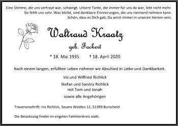 Anzeige von Walltraud Kraatz von Kölner Stadt-Anzeiger / Kölnische Rundschau / Express
