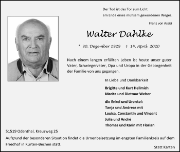 Anzeige von Walter Dahlke von Kölner Stadt-Anzeiger / Kölnische Rundschau / Express