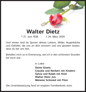 Anzeige von Walter Dietz von Kölner Stadt-Anzeiger / Kölnische Rundschau / Express